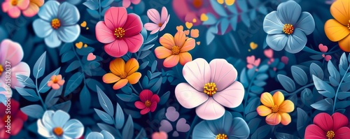 Vibrant illustrated flowers in a colorful abstract garden with a dreamy background © Georgii
