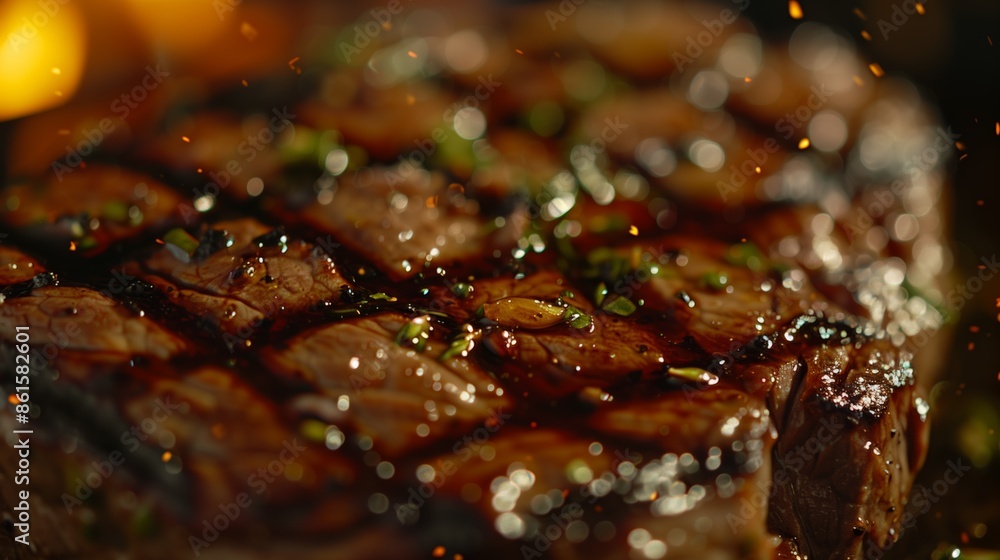 Gourmet steak grilled to perfection, close-up, with bokeh Gourmet steak grilled to perfection, close-up, with bokeh