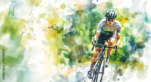 Dynamic watercolor cyclist in action, copy space photo