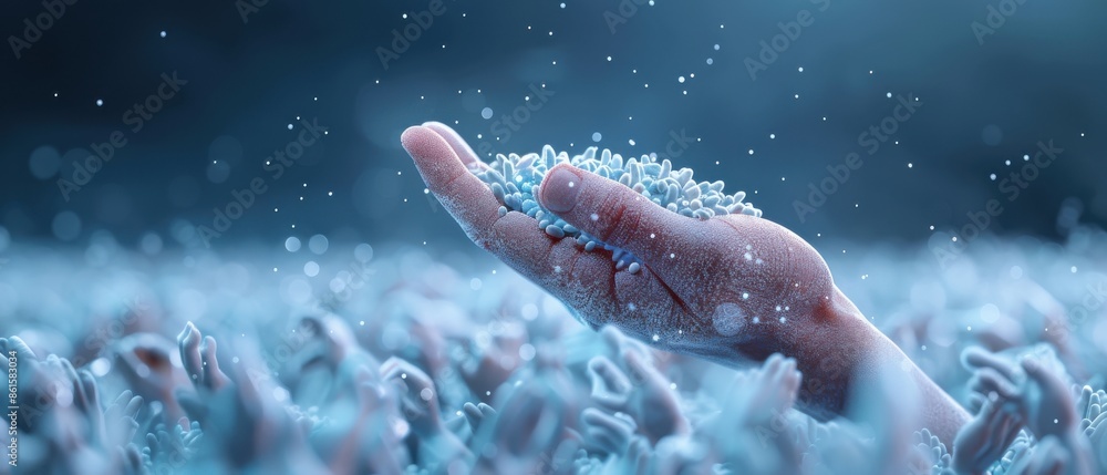 A serene hand holding a cluster of delicate frost crystals in a winter wonderland, capturing the beauty of nature's icy embrace. A serene hand holding a cluster of delicate frost crystals in a winter wonderland, capturing the beauty of nature's icy embrace.
