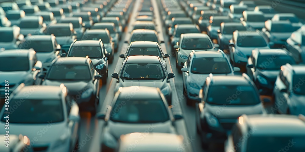 Fototapeta premium Managing Traffic congestion on a busy highway to reduce long queues and frustration. Concept Traffic management, Highway congestion, Queue reduction, Frustration alleviation