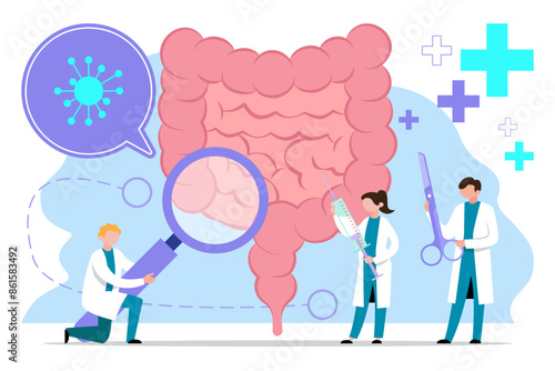 Medical health care. Human intestine  vector. Doctor check and treat intestine .Health care and digestive system health treatment .Modern process Intestinal inner organs disease treatment design.