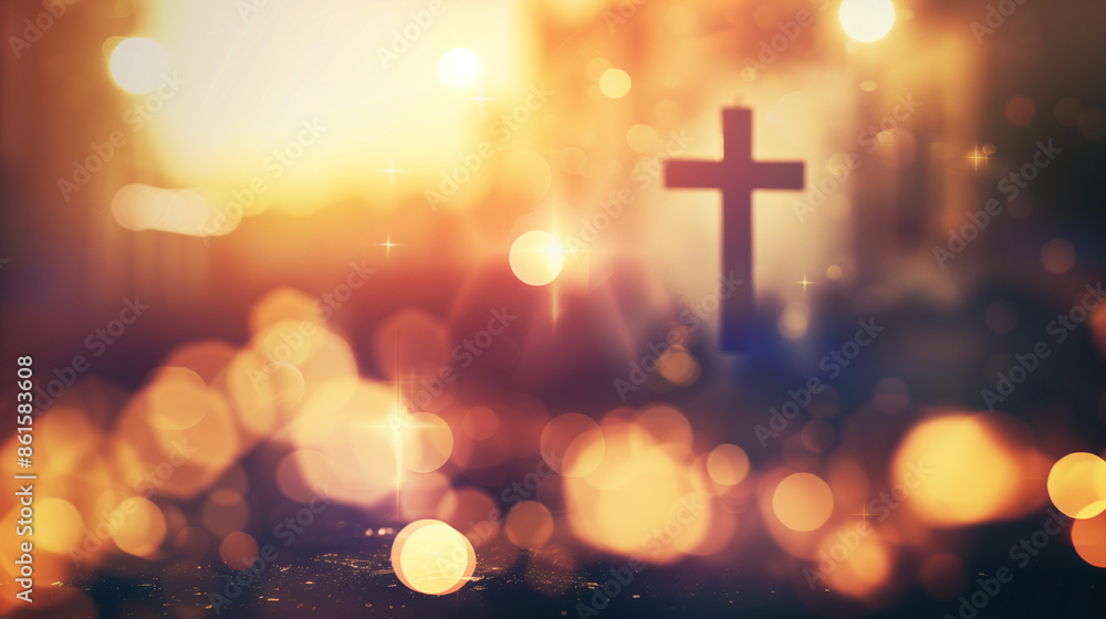 Cross Silhouette with Glowing Light and Bokeh Background Cross Silhouette with Glowing Light and Bokeh Background
