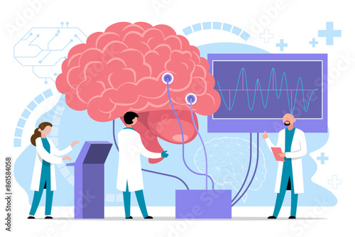 Doctor neurologist, physician study brain connected to display with EEG indication. Neurology, neuroscience, electroencephalography concept. Vector illustration.