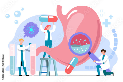 Group of doctors check up human stomach for diseases.Health care and stomach treatment design concept. Gastroenterology as digestive system disorder.