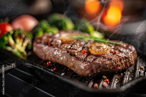 Juicy grilled steak seasoned with herbs and vegetables on the side, cooking on a hot grill, perfect for culinary and food photography.