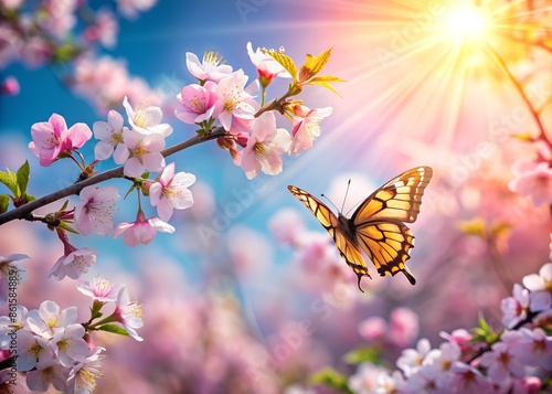 Spring background with pink blossom and fly butterfly. Beautiful nature scene with blooming tree and sun flare © Tekin