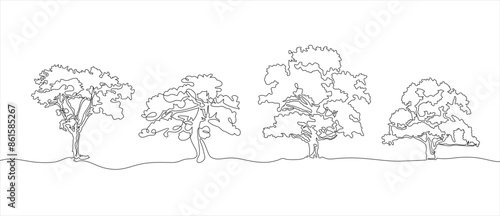 Trees one line set art. Continuous line drawing of plants, herb, tree, wood, nature, flora, poplar, maple, ash tree, linden.