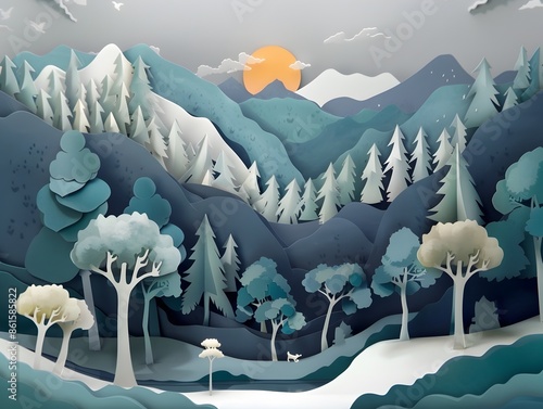 Dreamlike Paper Diorama Forest with Overlapping Layered Landscape and Moody Chiaroscuro