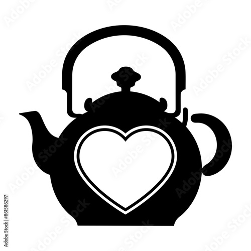 A black silhouette of a teapot with a heart-shaped opening in the center monogram