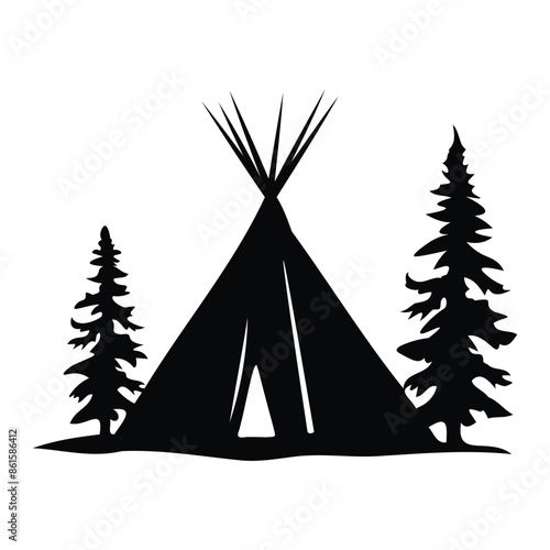 A black teepee tent with pine trees in the background