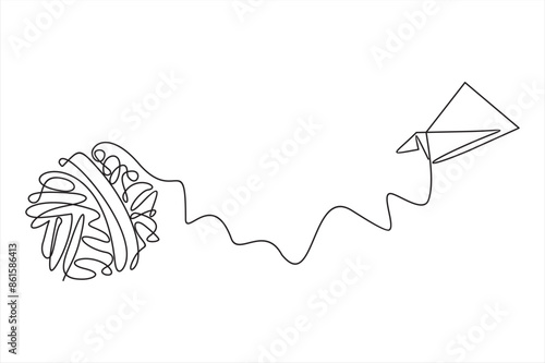 Continuous one line drawing of mental health concept with paper plane and tangled ball. Symbol of confused mind and problems and support to untangle knot in simple linear style. Doodle Vector