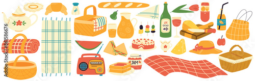 A set of picnic elements. Picnic basket, wine, baget and snacks. Summer vacation.