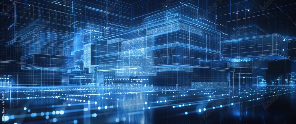 A futuristic digital cityscape with glowing blue lines outlining modern buildings. Features an intricate network of data lines and geometric architecture A futuristic digital cityscape with glowing blue lines outlining modern buildings. Features an intricate network of data lines and geometric architecture