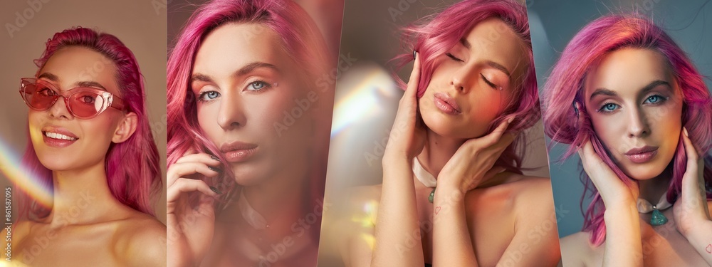 Woman with pink hair poses for a studio portrait with rainbow lighting in a series of four photos Woman with pink hair poses for a studio portrait with rainbow lighting in a series of four photos