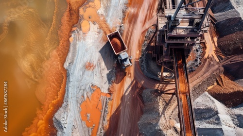 Aerial view of a potash mining site featuring industrial machinery, a dump truck, and colorful mineral deposits. Highlights the vibrant orange and white mining terrain photo