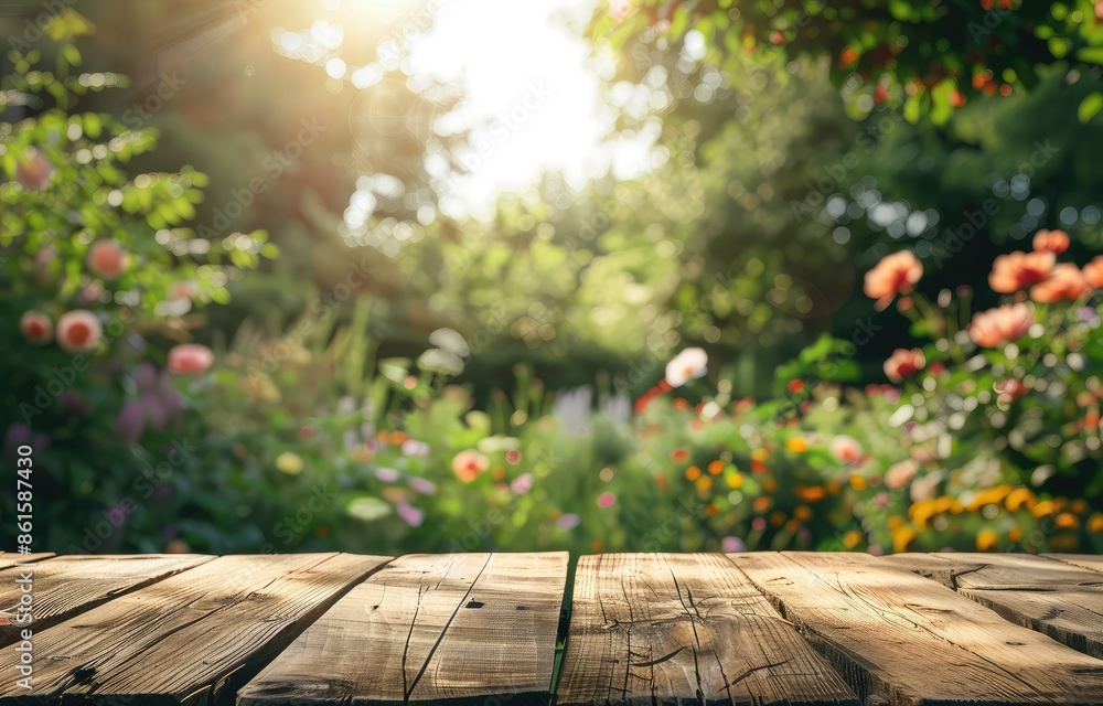 A wooden table in a lush garden with flowers and green plants in the background. A wooden table in a lush garden with flowers and green plants in the background.