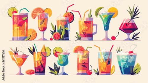 Colorful cocktail vector icons set flat vector style