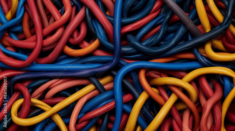 A bunch of colorful wires are tangled together. The colors are red, blue, yellow, and green. The wires are twisted and knotted, creating a chaotic and tangled appearance A bunch of colorful wires are tangled together. The colors are red, blue, yellow, and green. The wires are twisted and knotted, creating a chaotic and tangled appearance