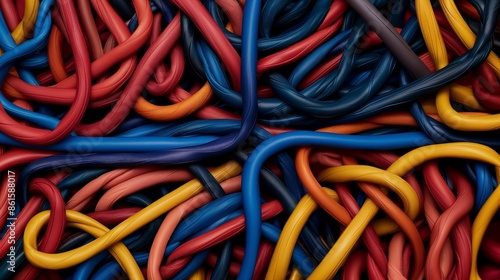 Wallpaper Mural A bunch of colorful wires are tangled together. The colors are red, blue, yellow, and green. The wires are twisted and knotted, creating a chaotic and tangled appearance Torontodigital.ca