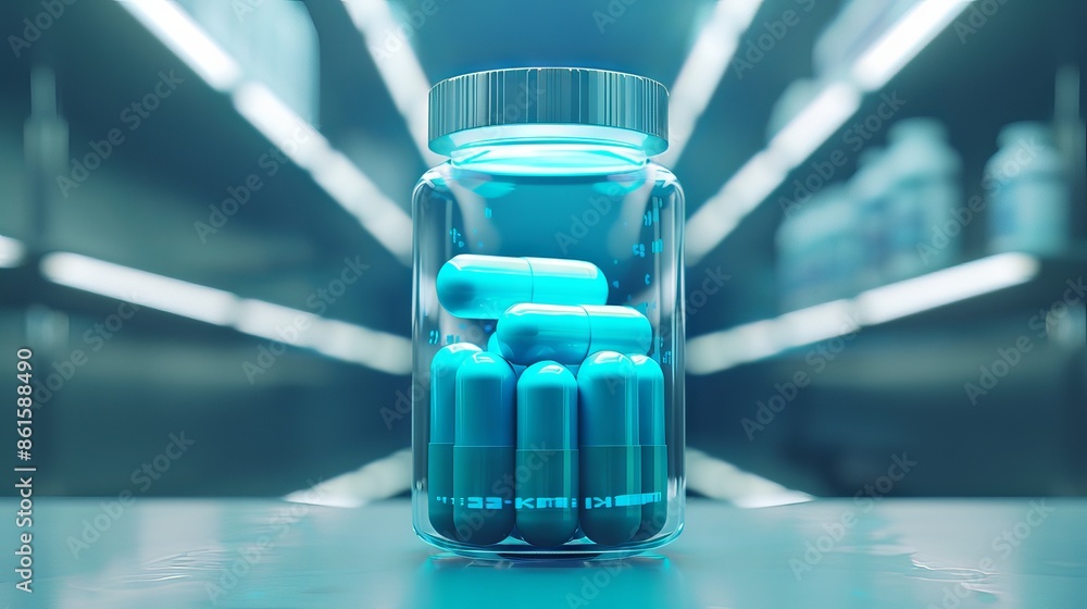 Close-up of a glass jar filled with blue capsules on a shelf in a modern, well-lit pharmacy or laboratory setting. Close-up of a glass jar filled with blue capsules on a shelf in a modern, well-lit pharmacy or laboratory setting.
