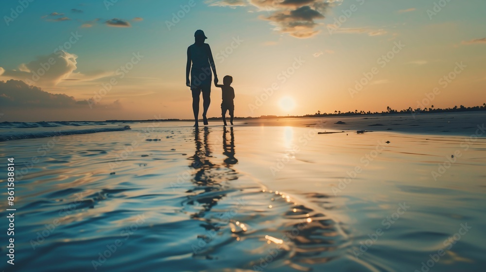 Silhouette of a parent holding a child's hand while walking along the beach at sunset, capturing a peaceful and touching moment. Silhouette of a parent holding a child's hand while walking along the beach at sunset, capturing a peaceful and touching moment.