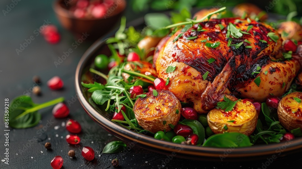 A deliciously roasted chicken garnished with herbs, accompanied by crispy potatoes and assorted greens. The vibrant colors and textures make it truly appetizing. A deliciously roasted chicken garnished with herbs, accompanied by crispy potatoes and assorted greens. The vibrant colors and textures make it truly appetizing.