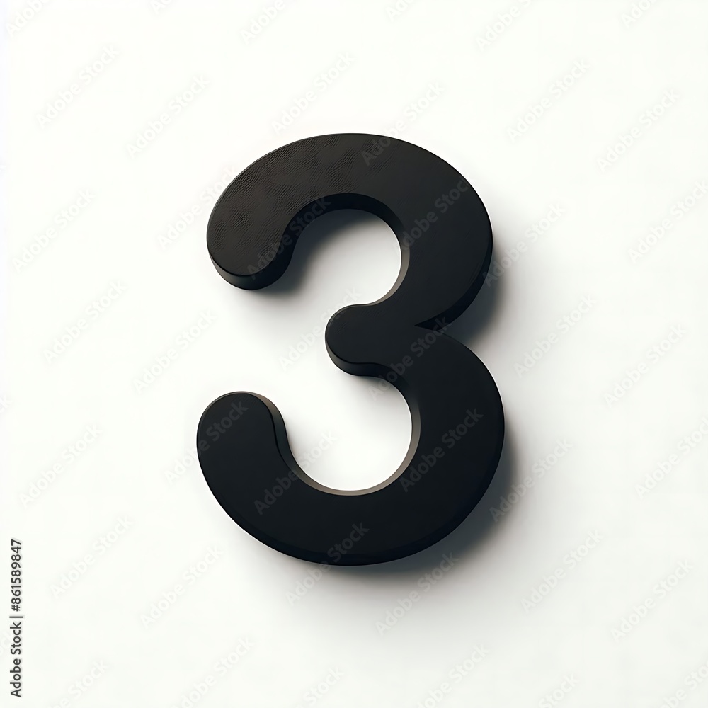 3D black digit 3 isolated on white. Sleek, minimalist design number three for illustrating concepts of numeracy, creativity, and modern aesthetics 3D black digit 3 isolated on white. Sleek, minimalist design number three for illustrating concepts of numeracy, creativity, and modern aesthetics