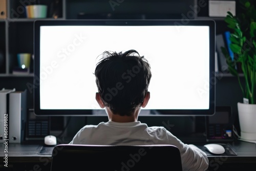 App mockup shoulder view of a boy in front of a computer with a completely white screen