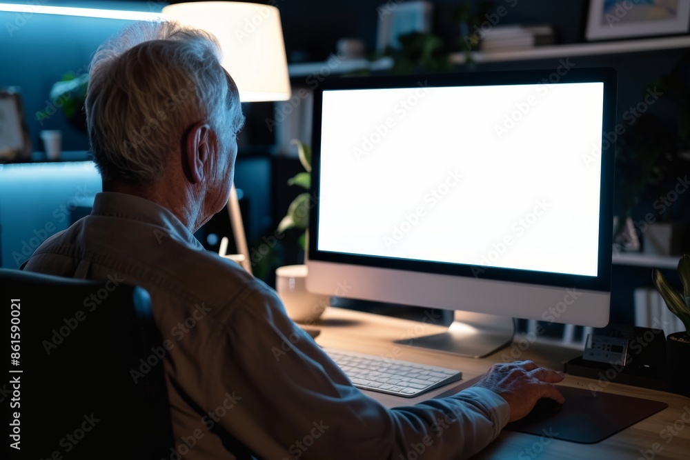 App mockup shoulder view of a mature man in front of a computer with a completely white screen App mockup shoulder view of a mature man in front of a computer with a completely white screen
