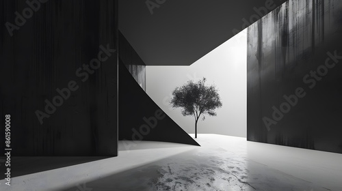 Fototapeta Naklejka Na Ścianę i Meble -  A tree is in the middle of a hallway with a wall on each side. The hallway is dark and the tree is the only source of light
