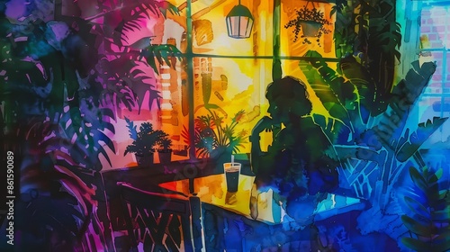 LGBTQ professional in a neon junglethemed cafe, sketch and watercolor, vibrant and lush environment photo