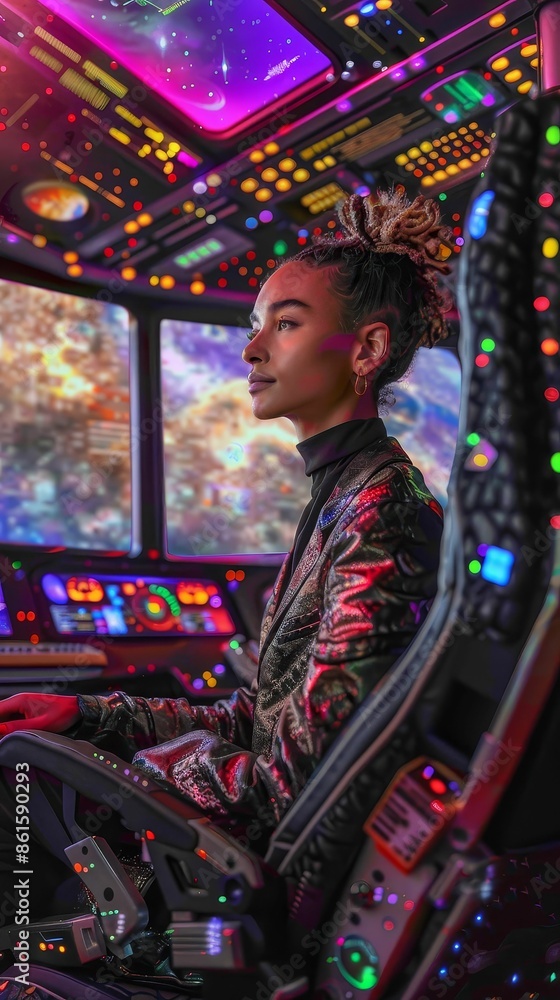 Fototapeta premium LGBTQ leader in a virtual space station office, space tech, with starry background and futuristic gadgets