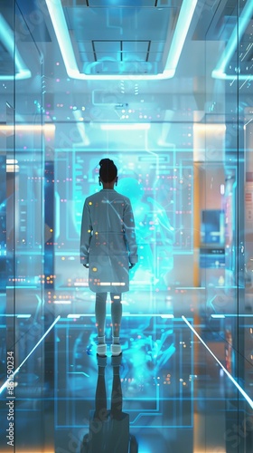 LGBTQ healthcare executive in a futuristic medical facility, holographic health monitors, clean, hightech style photo