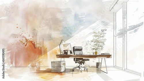 LGBTQ business leader in an elegant, minimalist office, sketchstyle with watercolor splashes, emphasizing creativity photo