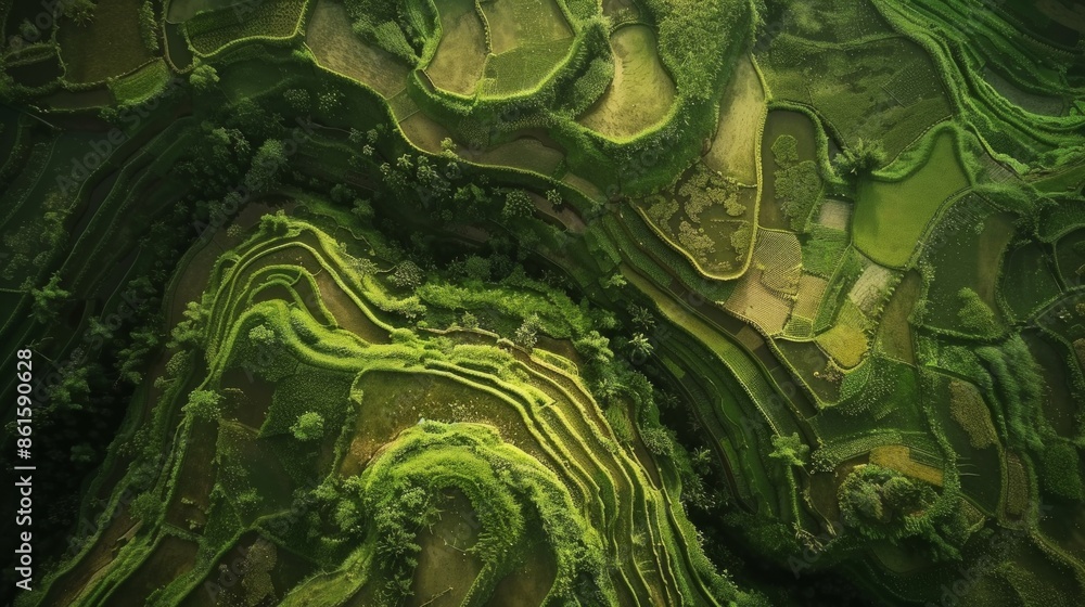 Obraz premium aerial view of an asian ricefield terraces, top view