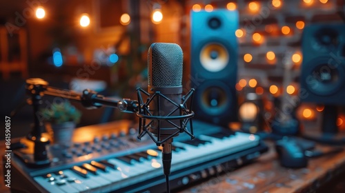 A modern audio recording studio setup featuring a microphone, soundboard, and speakers in a cozy, artistic environment with warm lighting. Perfect for professional recordings. photo