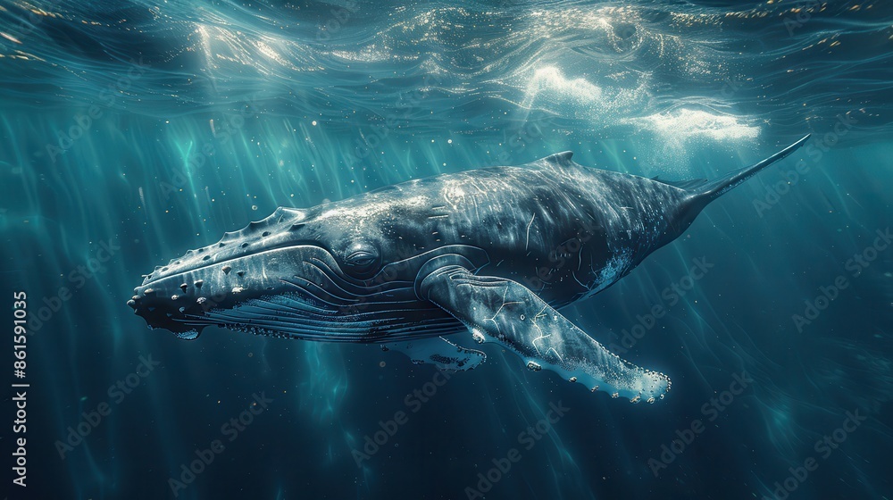 Obraz premium A breathtaking scene of a whale gracefully swimming in the deep blue ocean. The water is illuminated by sunlight, creating a serene and majestic underwater atmosphere.