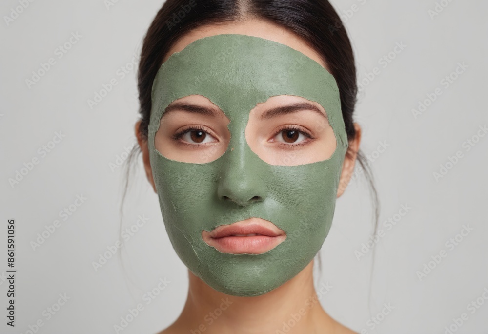Portrait of Caucasian young woman with clay green cosmetic mask on her face. Beauty routine and skin care. Ai generation Portrait of Caucasian young woman with clay green cosmetic mask on her face. Beauty routine and skin care. Ai generation