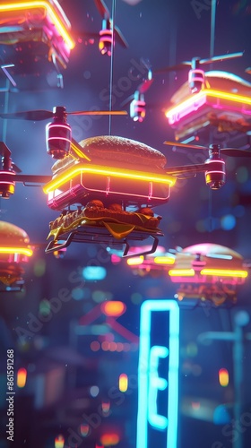 Hightech food delivery drones carrying neonlit meals, Neon lighting, Futuristic, Sharp focus, 3D illustration