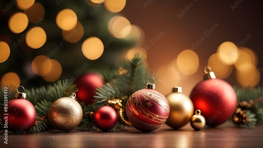 Christmas tree with red gold decorations and balls over soft bokeh lights. Generative AI Christmas tree with red gold decorations and balls over soft bokeh lights. Generative AI