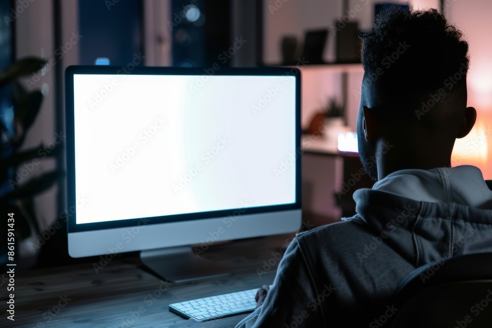 Display mockup from a shoulder angle of a man in front of a computer with a fully white screen Display mockup from a shoulder angle of a man in front of a computer with a fully white screen