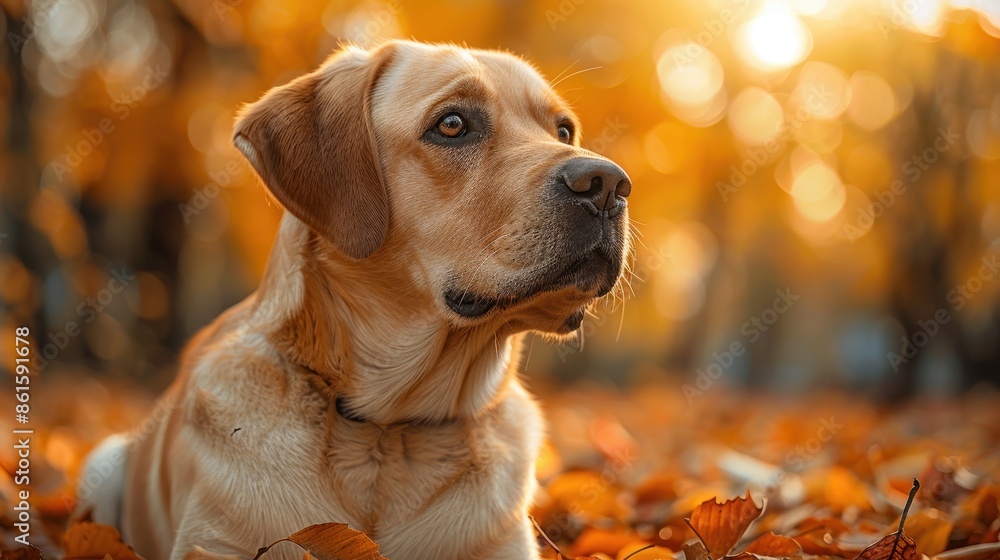 A yellow labrador retriever is lying down on a bed of orange and red autumn leaves in a forest with a soft expression, captured during a tranquil moment of fall season. A yellow labrador retriever is lying down on a bed of orange and red autumn leaves in a forest with a soft expression, captured during a tranquil moment of fall season.