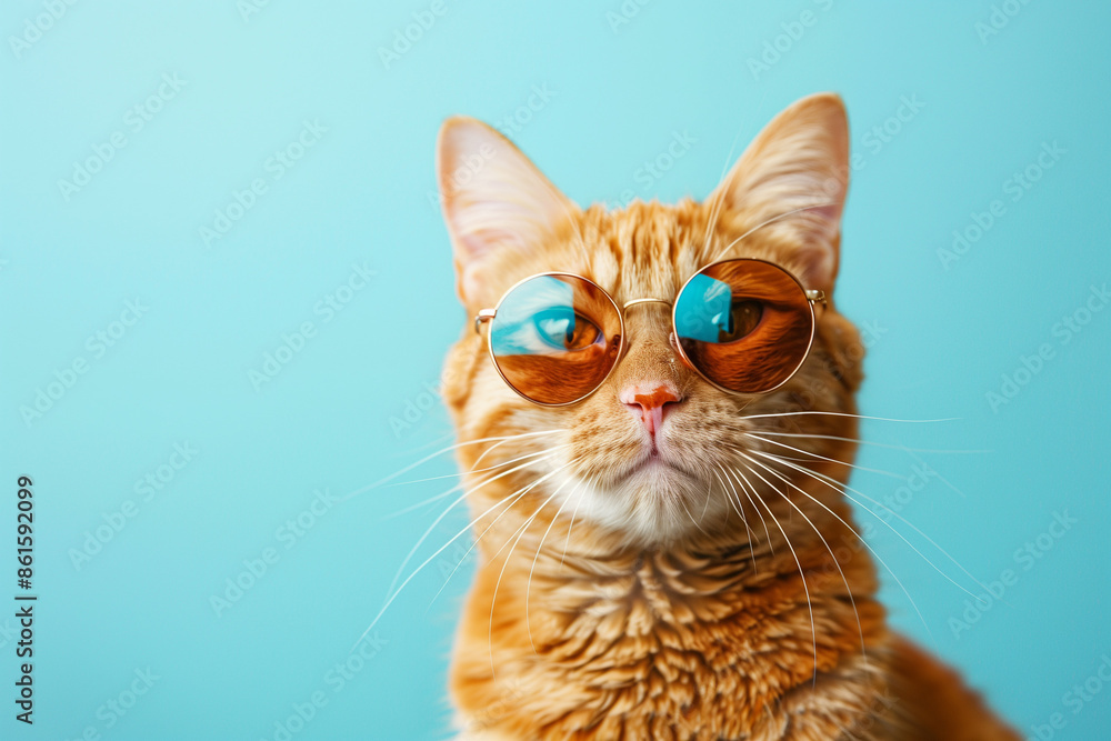 A humorous closeup portrait of a ginger cat sporting stylish sunglasses, isolated against a light cyan background. Perfect for playful and trendy visuals A humorous closeup portrait of a ginger cat sporting stylish sunglasses, isolated against a light cyan background. Perfect for playful and trendy visuals