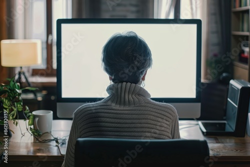 Ui mockup through a shoulder view of a middle-aged woman in front of a computer with a fully white screen
