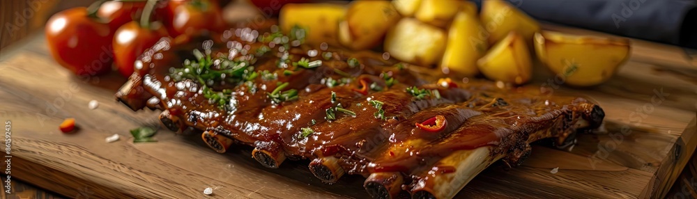 Delicious grilled pork ribs with roasted potatoes and fresh cherry tomatoes, seasoned with herbs, served on a wooden board. Delicious grilled pork ribs with roasted potatoes and fresh cherry tomatoes, seasoned with herbs, served on a wooden board.