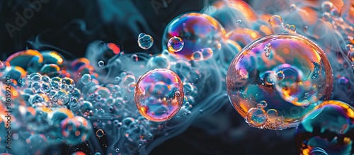 Soap bubbles creating foamy textures against a dark backdrop with abundant copy space image.
