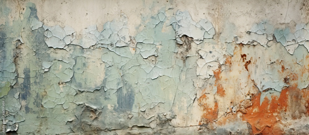 The weathered, colorful wall features peeling paint in an artistic abstract style with stains and moss, ideal for a copy space image. The weathered, colorful wall features peeling paint in an artistic abstract style with stains and moss, ideal for a copy space image.