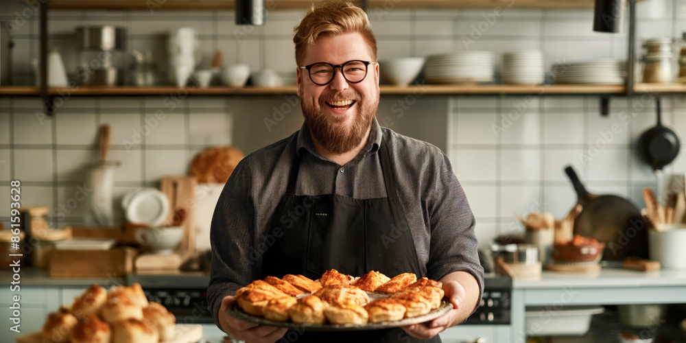 Joyful Scandinavian male baker with fresh pastries in a stylish kitchen Joyful Scandinavian male baker with fresh pastries in a stylish kitchen