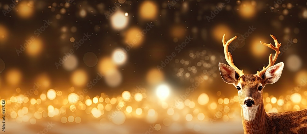 A festive deer ornament adorns the Christmas tree, surrounded by glowing yellow lights, with a blank area for text in the image. with copy space image. Place for adding text or design A festive deer ornament adorns the Christmas tree, surrounded by glowing yellow lights, with a blank area for text in the image. with copy space image. Place for adding text or design